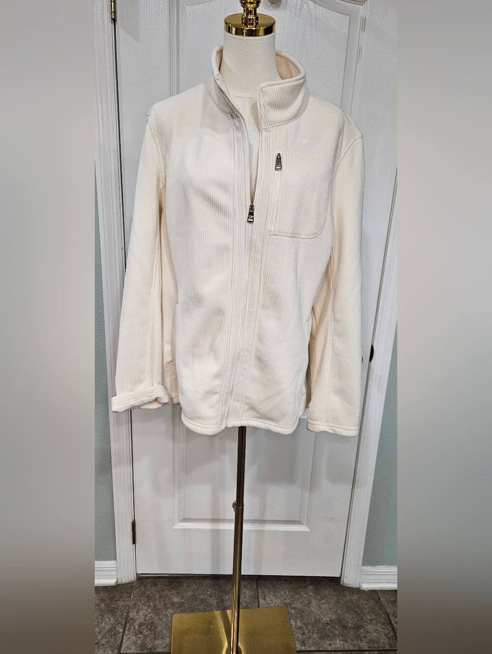 Andrew Marc Cream Ribbed Zip-Up Teddy Jacket